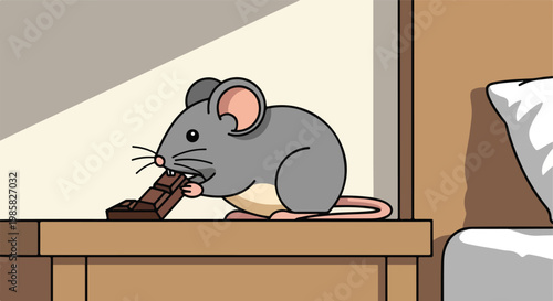 A small grey mouse nibbles on a piece of brown chocolate sitting on a table