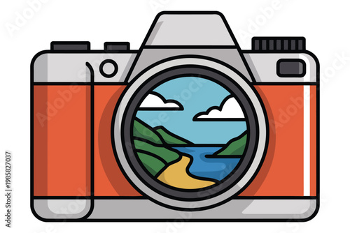 Retro film camera vector illustration featuring landscape scenery through lens with mountains and beach view in orange casing