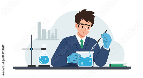 Scientist conducting experiment with blue liquid in a laboratory.