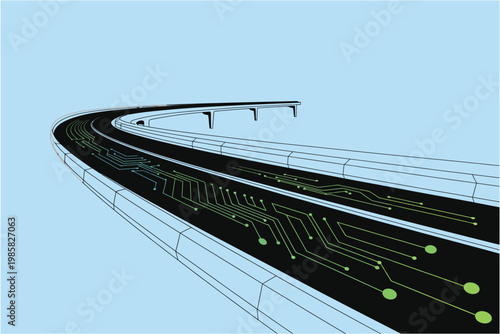 Modern smart highway perspective with green glowing circuit board patterns on black asphalt surface against blue sky background