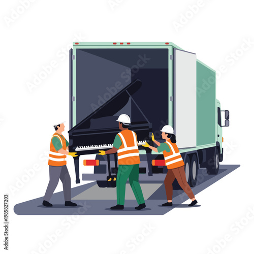 Three movers in high-visibility vests loading a grand piano into a delivery truck