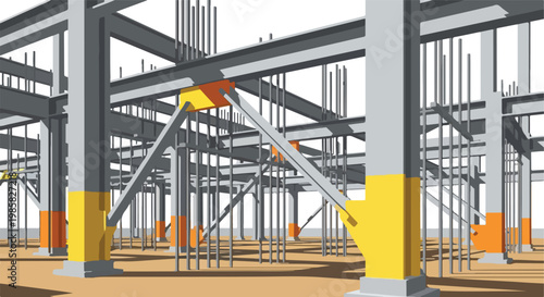 An illustrated skeletal steel framework of a modern building under construction