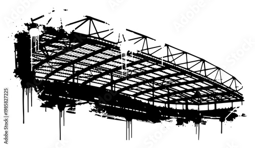 Stadium roof industrial architecture in black and white ink drip street art style
