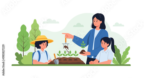Teacher and Students Planting Seedlings in Garden Soil Illustration.