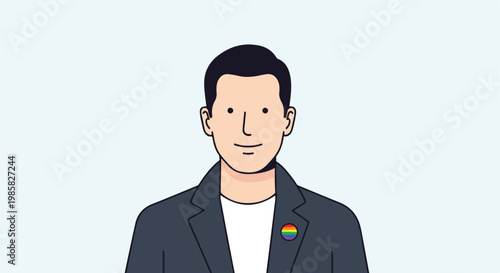 A professional man wearing a blazer with a rainbow pride pin on the lapel