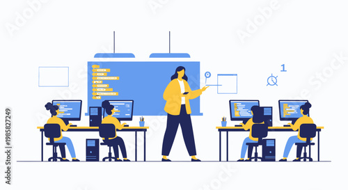 Teacher Instructing Students in a Computer Lab Setting.