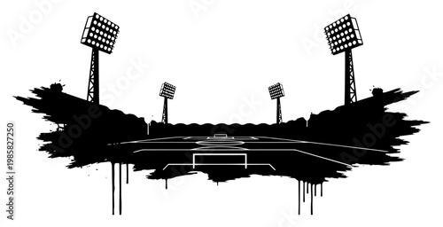 Football stadium pitch with floodlights and urban street art paint drips
