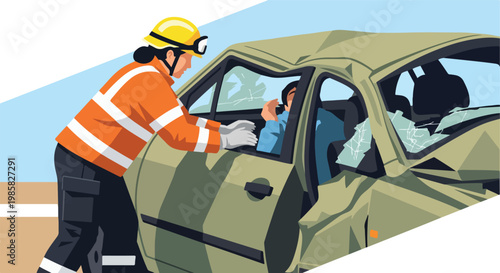 A firefighter in uniform helps a driver trapped inside a heavily damaged car