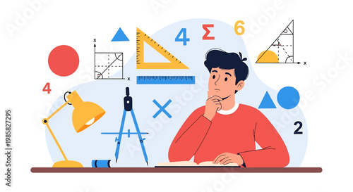 Thoughtful man surrounded by mathematical symbols and geometric shapes.