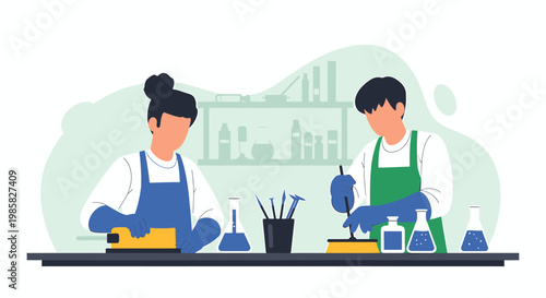 Two People Cleaning and Sanitizing Surfaces with Gloves and Supplies.