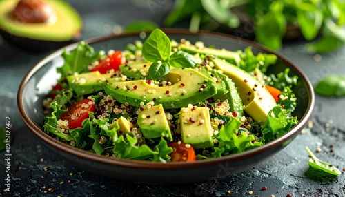 Healthy Quinoa Salad with Avocado and Fresh Greens.