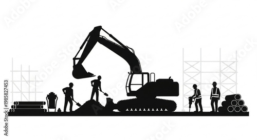 Vector silhouette excavator at sunset construction scene illustration artwork