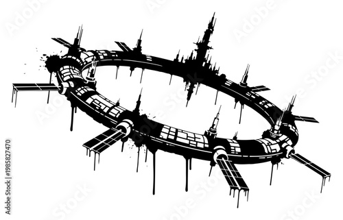 Space station orbital habitat in black and white ink splatter urban style
