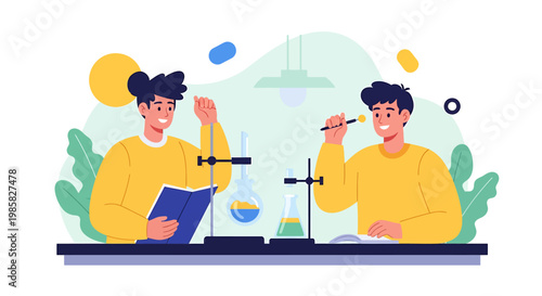 Two students conduct a chemistry experiment in a laboratory.