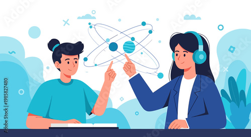 Two Students Discussing Atom Model in Science Class.