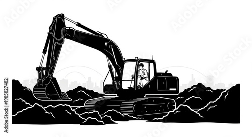 Yellow excavator machine at construction site digging earth on white background