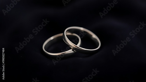 Two silver wedding bands overlapping on dark velvet fabric.