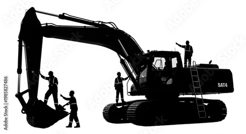 Excavator machine at construction site with heavy industrial equipment and transport vehicles illustration on white background