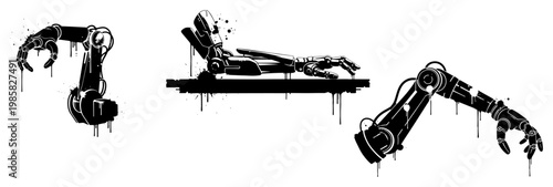 Robotic industrial arms with mechanical joints in black and white street art style