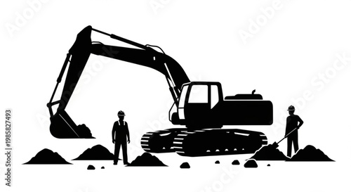 Yellow excavator machine at construction site digging earth isolated on white background