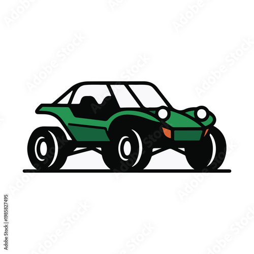 Green dune buggy illustration with a sleek design and large off-road tires on a white background