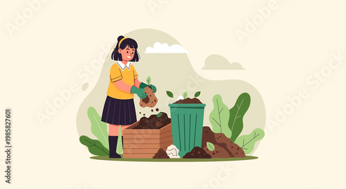 Woman Composting Organic Waste for Sustainable Gardening Practices.