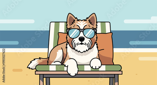 A brown and white dog wearing sunglasses relaxing on a beach chair by the sea