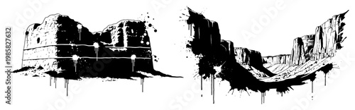 Photos Desert canyon landscape and rocky plateau with paint drips in urban stencil styl