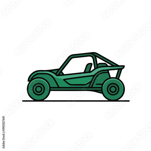 Green dune buggy illustration with a sleek design and large off-road tires on a white background