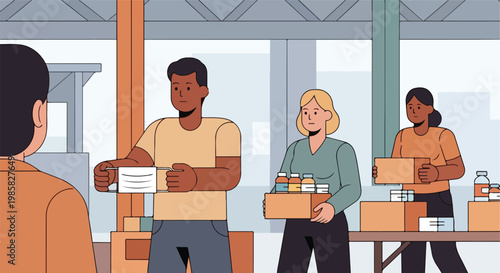 People distribute face masks and boxes of food in a modern community aid center