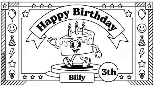 Happy birthday cake character with candles, banner, and balloons, vintage style.