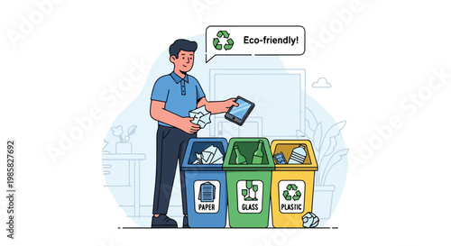 A man sorting trash into colored bins labeled for paper, glass, and plastic waste