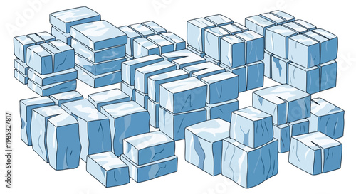 A collection of various stacked and scattered light blue cartoon ice cubes