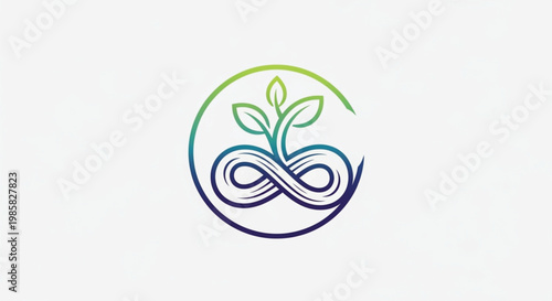 A modern minimalist logo combining an infinity symbol with a sprouting plant, featuring a vibrant green to blue gradient. This concept represents sustainability, eternal growth.