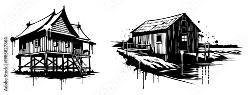 Wooden stilt houses and traditional coastal huts in urban street art style
