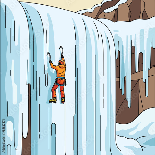 A climber scales a frozen waterfall using ice axes and crampons in winter gear