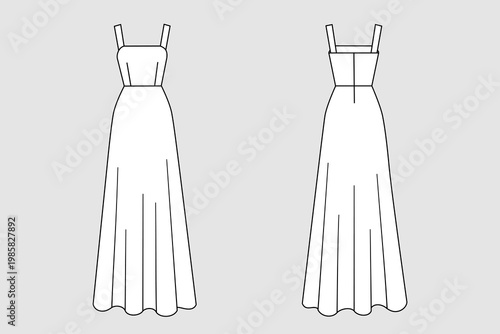 Female dress vector template isolated on a grey background. Front and back view. Outline fashion technical sketch of clothes model.