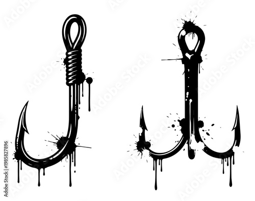 Fishing hooks collection with ink splatters and paint drips in urban stencil style