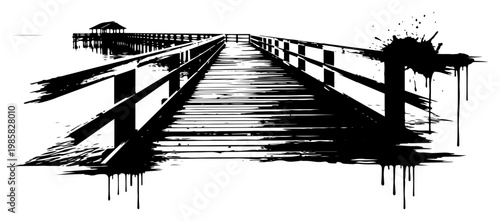 Wooden pier over water in black and white graffiti stencil style