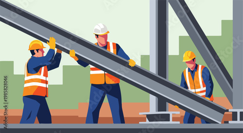 Three construction workers in safety gear lifting a heavy steel beam on site