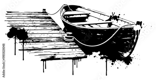 Rowboat tied to wooden dock in black and white street art style