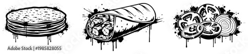 Shawarma wrap and fresh vegetables in black and white ink splatter stencil style