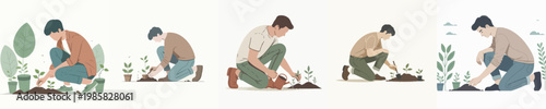 A person planting and nurturing a small green plant in the ground.