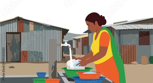 A woman washing dishes in a basin under an outdoor tap in a small village area