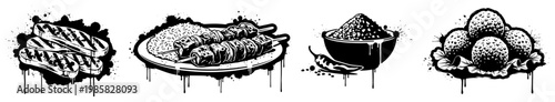 Grilled meat skewers and falafel balls in black and white graffiti stencil style