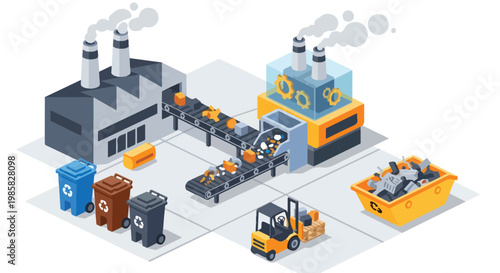 Isometric view of an industrial recycling facility with conveyors and machinery
