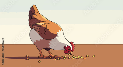A stylized cartoon illustration of a brown and white hen pecking at corn kernels