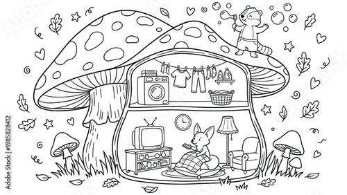 Outline of a whimsical mushroom house with laundry and fox watching tv.