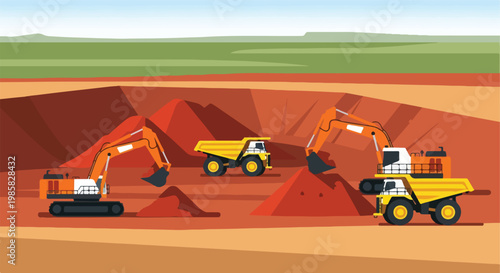 Yellow excavators and dump trucks working in a large open-pit mining operation