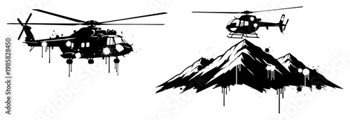 Helicopter flying over mountain peaks in urban street art style